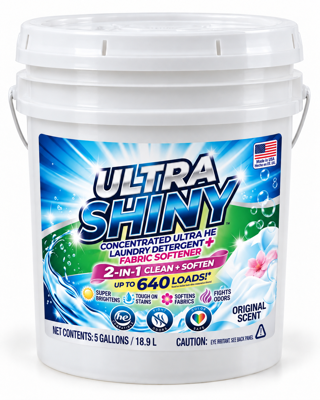 Ultra Shiny 2-in-1 Laundry Detergent + Fabric Softener – Original Scent, 5 Gallon.